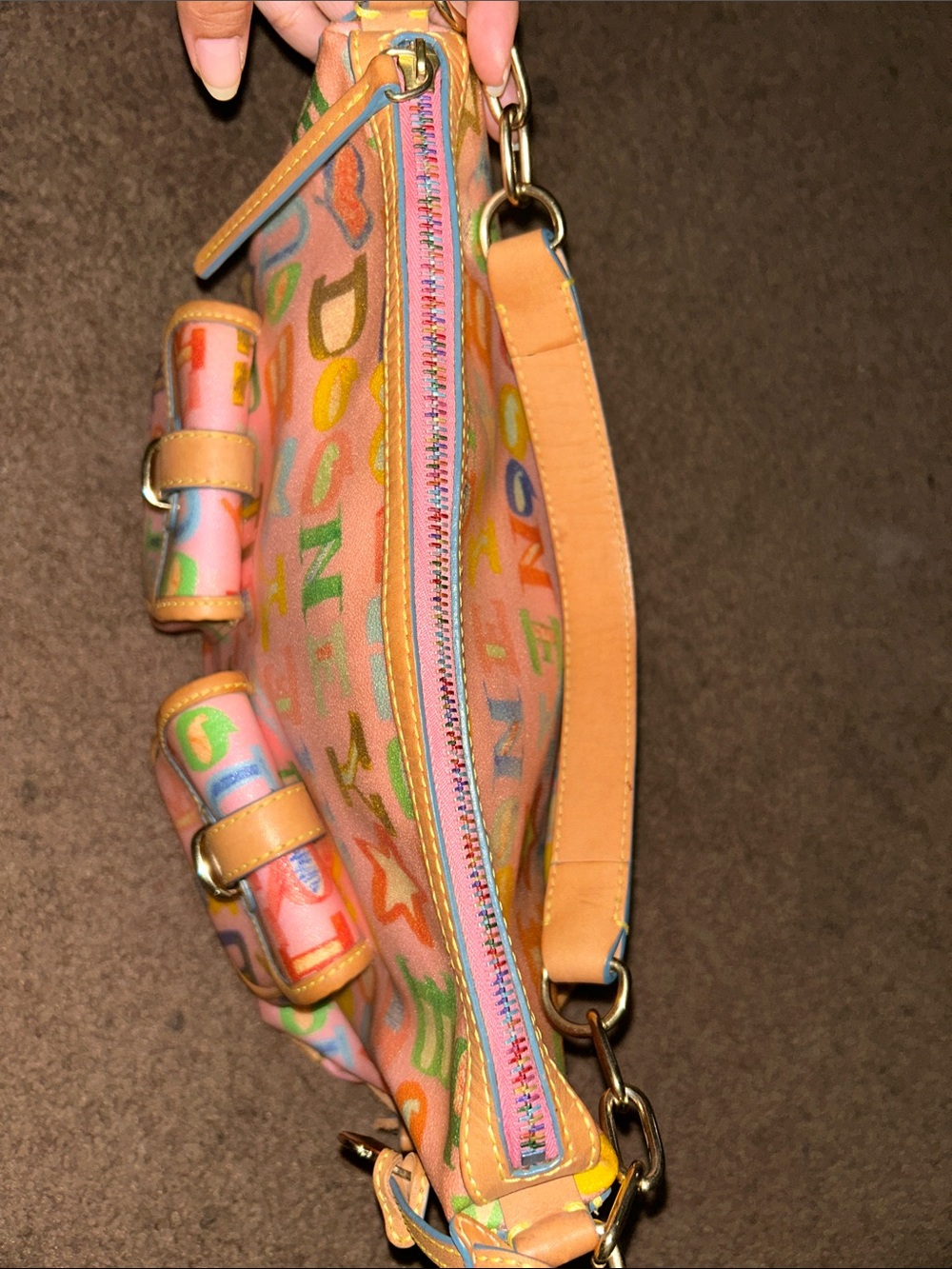Vintage Dooney & Bourke Pink Graffiti Bag with Tan Leather Trim - Picture 12 of 16